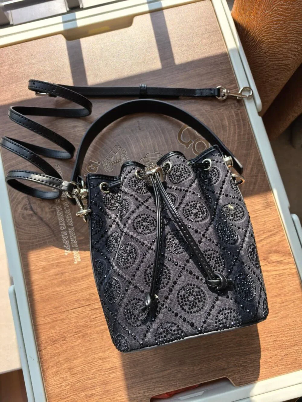 Tory Burch Black Rhinestone Monogram Mini Bucket Bag Two Straps